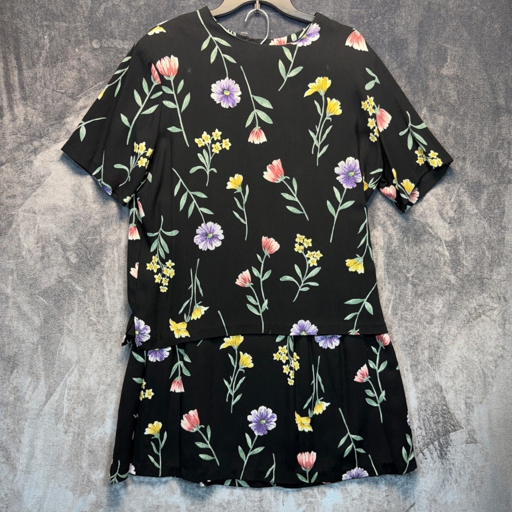 Jaclyn Smith Skirt Set Women L Black Floral 90s Vintage Two Piece Rayon